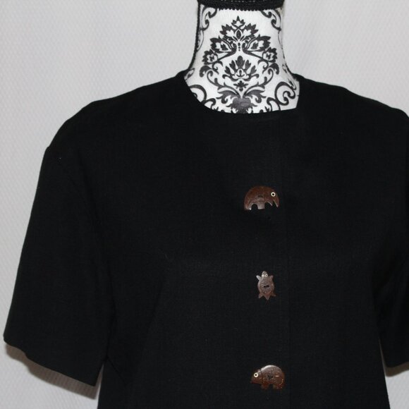 Evan-Picone Dress South Pacific BLACK Shell Animal Buttons Shift 8 VINTAGE - Picture 5 of 15